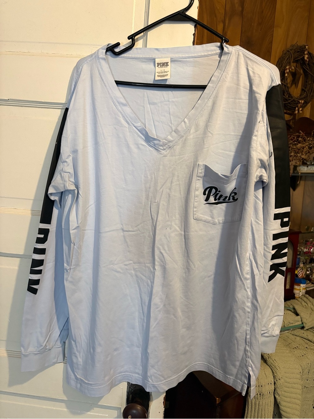 PINK Victoria's Secret Long Sleeve V-Neck Pocket Tee in Light Blue